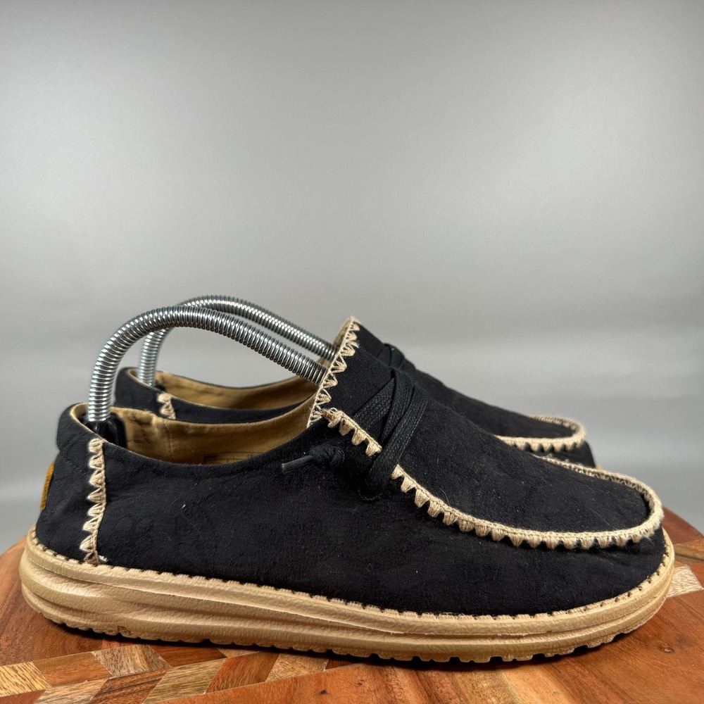Hey Dude Wendy Crochet Black Tan Canvas Moccasin Loafers 121414976 Womens Size 9